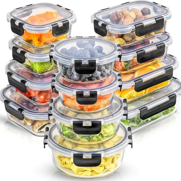 JoyJolt JoyFul 24pc(12 Airtight, Freezer Safe Food Storage Containers and 12 Lids), Pantry Kitchen Storage Containers, Glass Meal Prep Container for Lunch, Glass Storage Containers with Lids