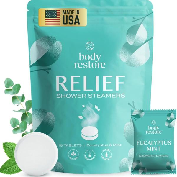 Body Restore Shower Steamers Aromatherapy 15 Pack - Easter Basket Stuffers, Relaxation Birthday Gifts for Mom, Dad, Best Friend, Travel Essentials, Stress Relief, Self Care - Eucalyptus