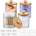 4 Pack Qtip Holder Dispenser with Bamboo Lids - 10 oz Clear Plastic Apothecary Jar Containers for Vanity Makeup Organizer Storage - Bathroom Accessories Set for Cotton Swab, Ball, Pads, Floss